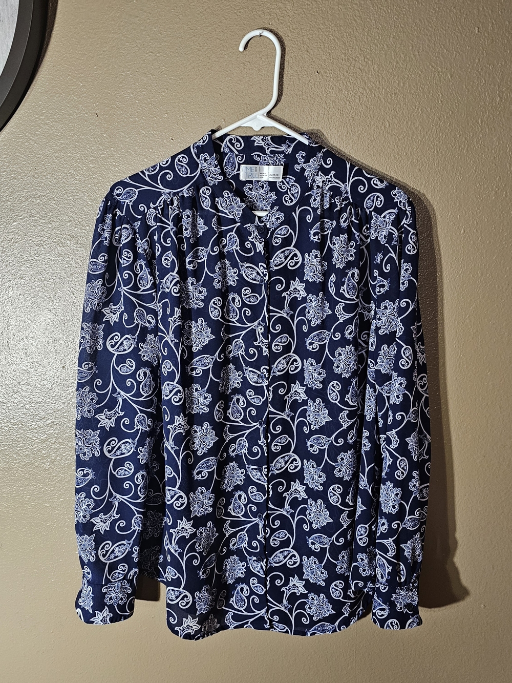 Time and Tru Navy and White Paisley Print Button-Up Blouse